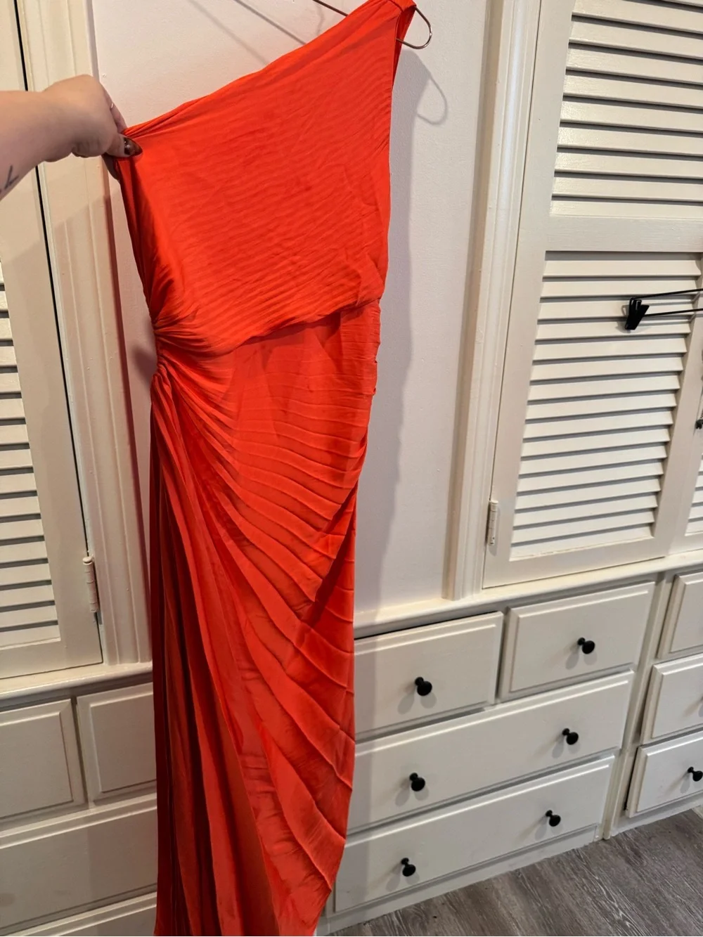 House Of Harlow 1960 One Shoulder Pleated Orange Asymmetrical Midi Dress Sz M